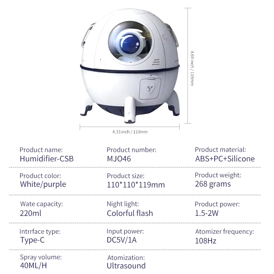 Humidificador De Aire Con Cápsula Espacial De 220Ml, Difusor De Agua De Aromaterapia Con Enchufe USB Recargable, Luz De Ambiente De 7 Colores