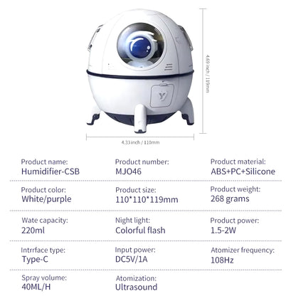 Humidificador De Aire Con Cápsula Espacial De 220Ml, Difusor De Agua De Aromaterapia Con Enchufe USB Recargable, Luz De Ambiente De 7 Colores